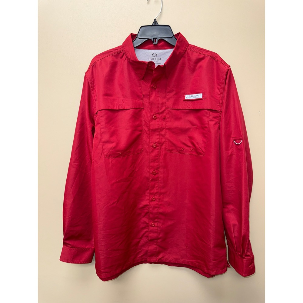 Realtree Fishing Mens Large Red Long Sleeve Button Down Ventilated Shirt L/G